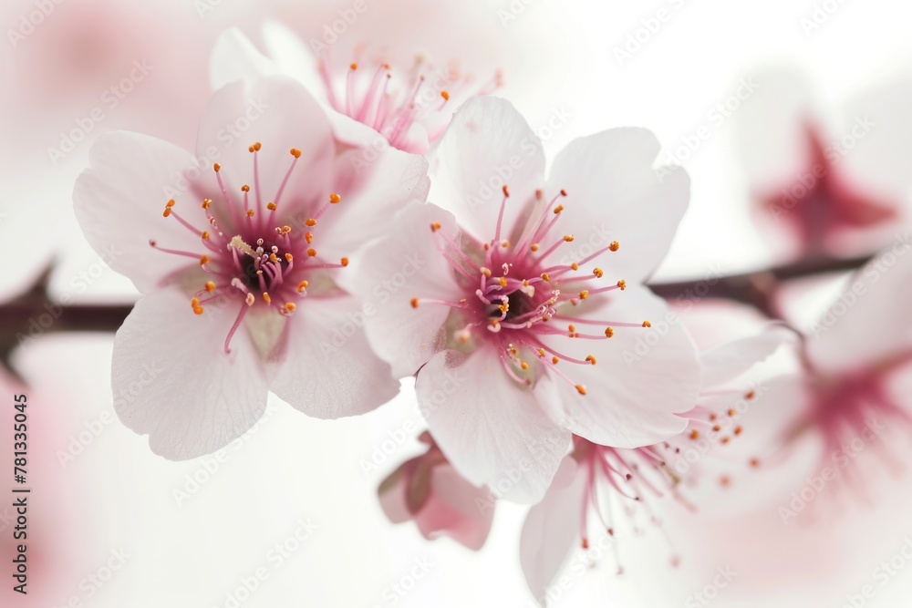 A close up of two pink flowers with yellow centers. The flowers are on a branch and are surrounded by a white background. Concept of beauty and serenity