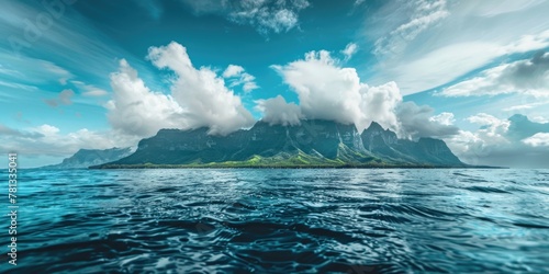 A beautiful blue ocean with a mountain in the background. The sky is cloudy, but the water is still calm