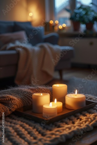 A tray of candles is lit in a living room. The candles are arranged in a row and are lit up  creating a warm and cozy atmosphere. The room is furnished with a couch and a chair