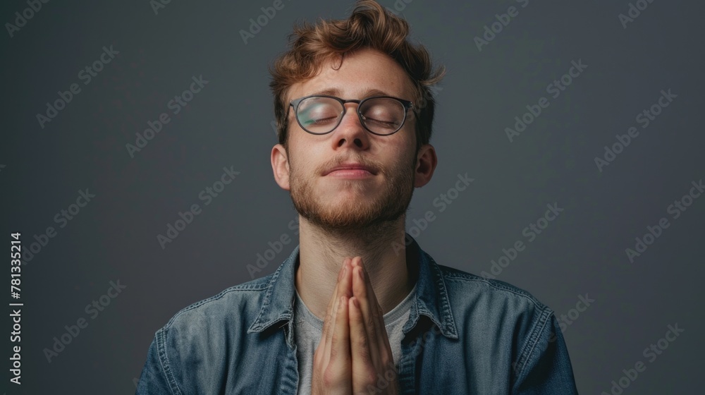A man wearing glasses is praying. He is smiling and looking up. Concept of peace and serenity A man wearing glasses is praying. He is smiling and looking up. Concept of peace and serenity