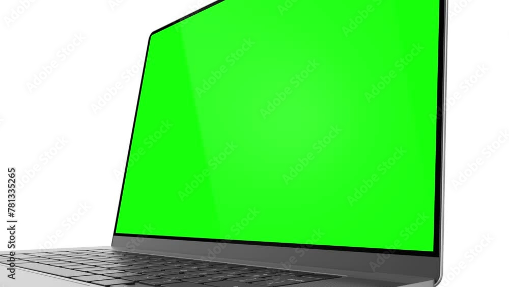 Laptop with frameless screen; camera close-up turn around display. Video has green screen, luma matte mask, and screen tracking layer. 60fps 4K UHD Laptop with frameless screen; camera close-up turn around display. Video has green screen, luma matte mask, and screen tracking layer. 60fps 4K UHD