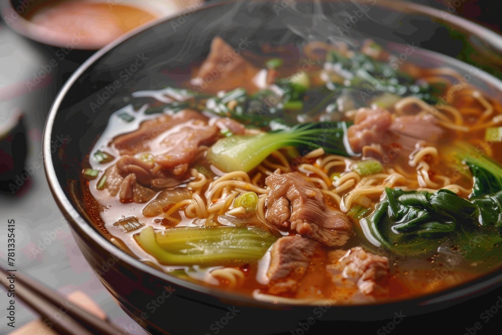 A bowl of soup with meat and vegetables. The soup is hot and steamy A bowl of soup with meat and vegetables. The soup is hot and steamy