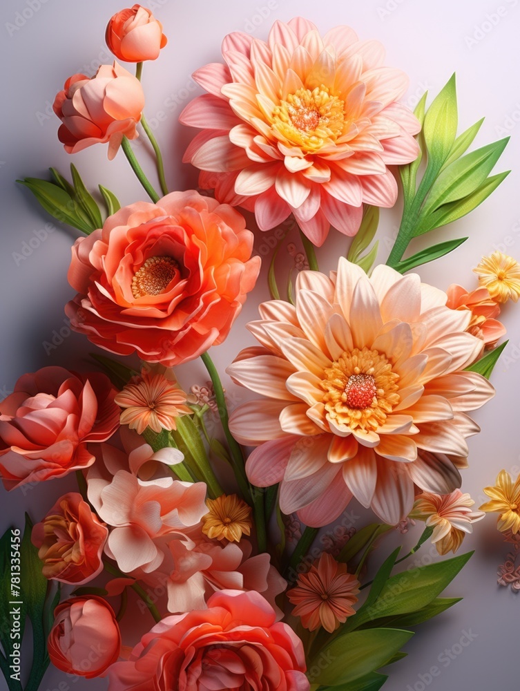 A bouquet of flowers with a pink and orange color scheme