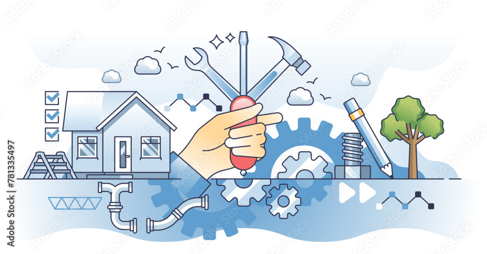 Handyman occupation with house maintenance or fix task outline hands concept, transparent background.Technical plumber, electrician or reconstruction work illustration. - obrazy, fototapety, plakaty 