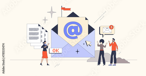 Email marketing campaigns with newsletters neubrutalism tiny person concept. Write letters with online business offers, advertising materials and digital correspondence vector illustration.