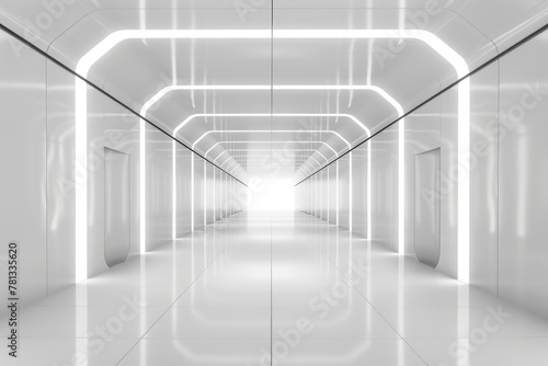 A long, empty hallway with white walls and a white ceiling. The hallway is lit by a single light source, creating a sense of emptiness and solitude