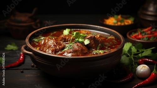 A bowl of beef stew with a lot of spices and herbs