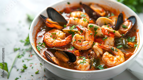 Cioppino seafood stew with shrimp and mussels in bowl. Gourmet cuisine with copy space for design and print. Flat lay food photography