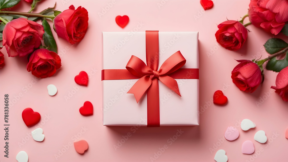 Soft pink background with a gift box and heart confetti, perfect to represent affection, love, and warm feelings for someone special
