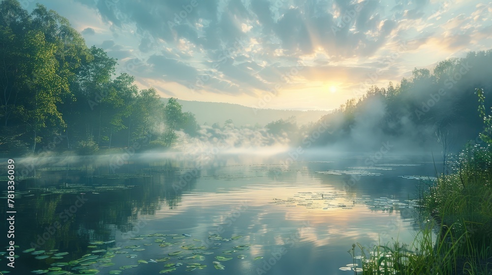 Serene Lakeside Landscape Cradled in Misty Dawn s Embrace A Journey of Inner Peace and Reflection - obrazy, fototapety, plakaty 