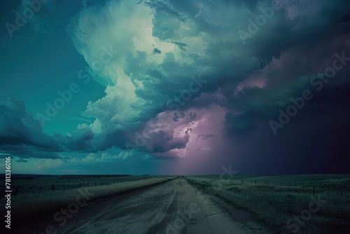 A stormy sky with a road in the middle of a field