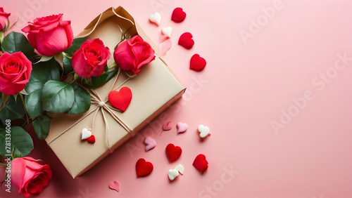 Top view of a heart-shaped box filled with lush roses and love-themed decorations on a pink surface photo