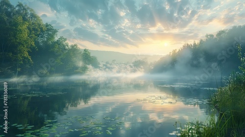 Serene Lakeside Landscape Cradled in Misty Dawn s Embrace A Journey of Inner Peace and Reflection