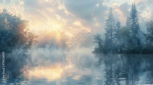 Serene Lakeside Dawn with Misty Reflections Evoking a Dreamlike Atmosphere of Inner Peace and Tranquil Contemplation © Sittichok