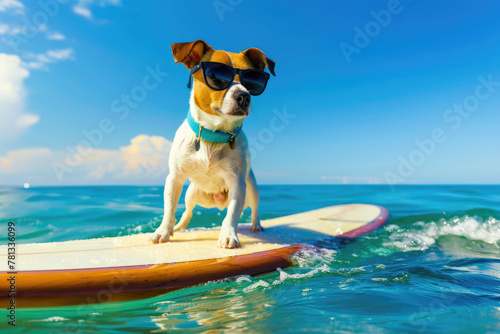 A dog is wearing sunglasses and standing on a surfboard in the ocean © vefimov