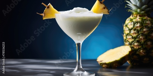 A glass of white liquid with a pineapple on the side