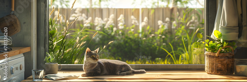A cat rests on a wooden table in a laundry room overlooking a natural landscape through a window, with green grass and plants outside