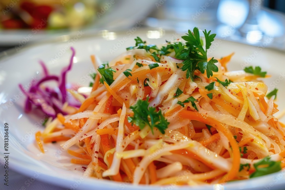 A plate of food with carrots and parsley on top A plate of food with carrots and parsley on top