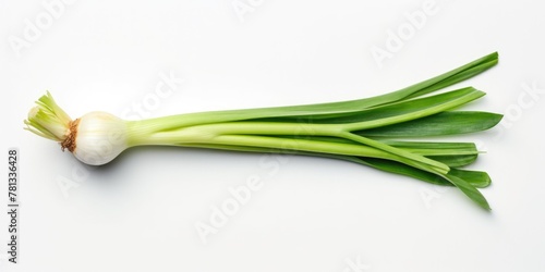 A green onion is cut in half and placed on a white background