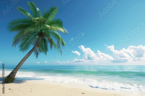 A palm tree is standing on a beach with the ocean in the background