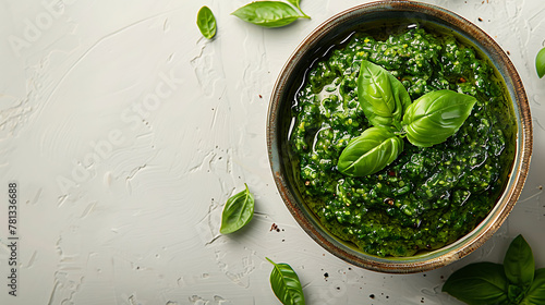 Bowl of Pesto alla Genovese with fresh basil leaves on a white textured background. Traditional Italian sauce close-up for design and print. Culinary herb concept with copy space photo