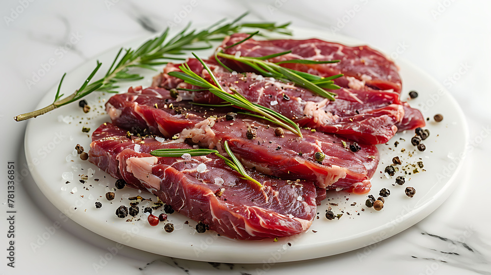 Saltimbocca alla Romana with fresh rosemary and lemon on a plate. Classic Italian veal dish close-up for design and print. Culinary arts and cooking concept with copy space