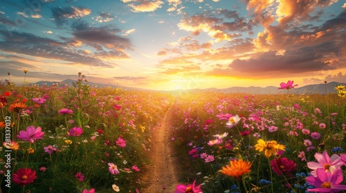 Landscape of the dirt road and beautiful cosmos flower field at sunset
