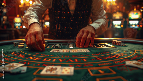 A person is playing poker, with their hands holding cards and chips on the table in front of them.
