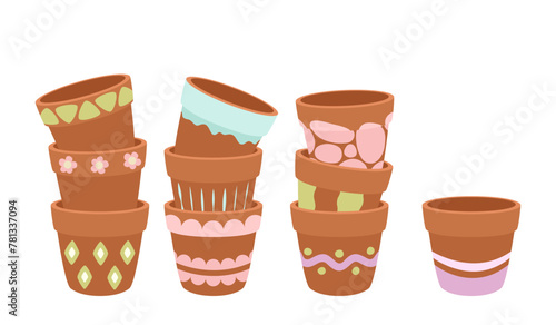 Empty, flower, clay pots. Stacked into each other. Vector on white background.