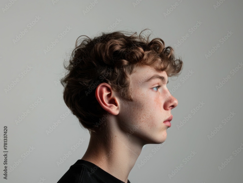 Thoughtful young man with curly hair looking away against a neutral gray backdrop Thoughtful young man with curly hair looking away against a neutral gray backdrop