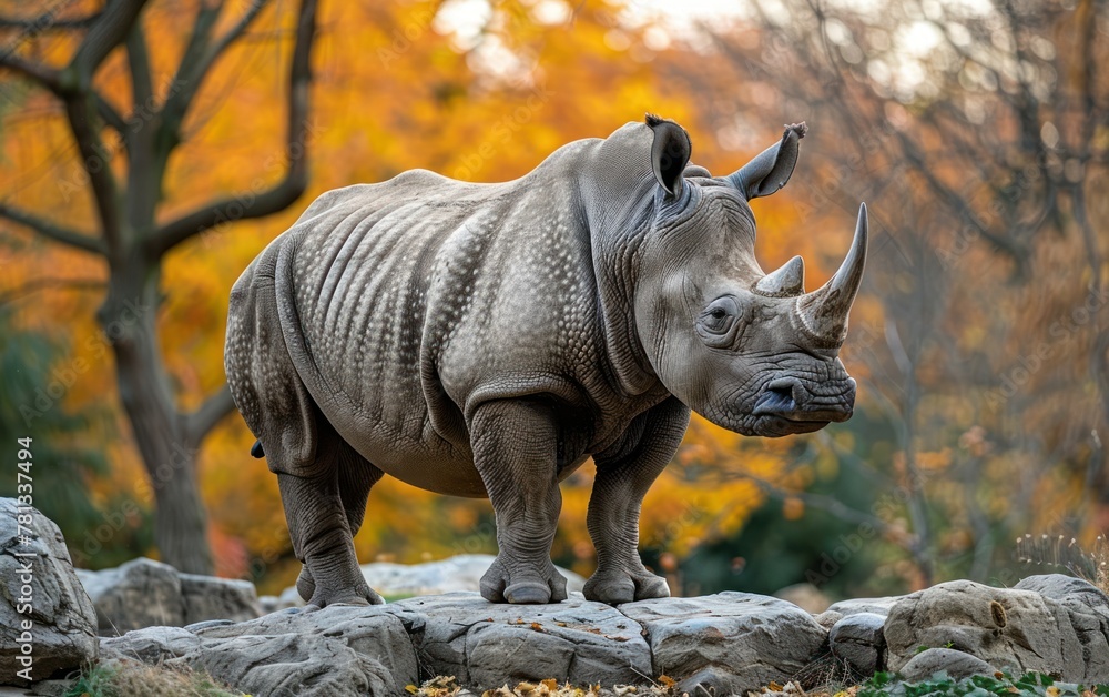 Fototapeta premium Rhino standing majestic in autumn forest