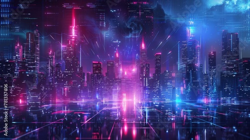 cityscape with space and neon light effect. Modern hi-tech, science, futuristic technology concept. Abstract digital high tech city design for banner background