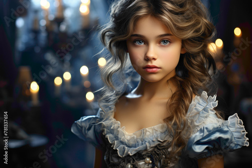 A dreamy and artistic blur background setting the stage for the portrait of a captivating Russian young girl in an exquisite dress, the image captured in HD clarity.