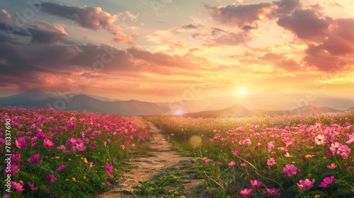 Landscape of the dirt road and beautiful cosmos flower field at sunset © haizah