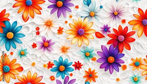 gleichmäßiges Muster aus hellen Blumen Blüten in bunt auf weißem Hintergrund als Vorlage für Gestaltung von Geschenk Papier, Wänden, Produkten, Verpackungen zum Frühling frisch Sommer floral  © www.barfuss-junge.de