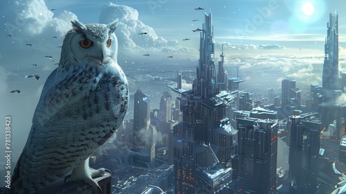 Cybernetic Owl Perched Atop Futuristic Skyscraper Surveys Bustling Cityscape with Vigilant Gaze Embodying Technological Innovation and Progress