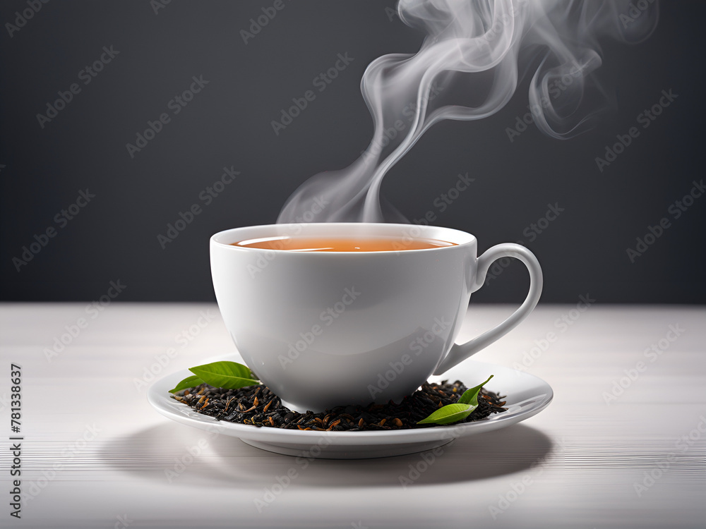 A cup of tea is placed on the table, steaming with heat. Transparent glass tea cups, green tea leaves, a quiet attitude towards life, still life pictures A cup of tea is placed on the table, steaming with heat. Transparent glass tea cups, green tea leaves, a quiet attitude towards life, still life pictures