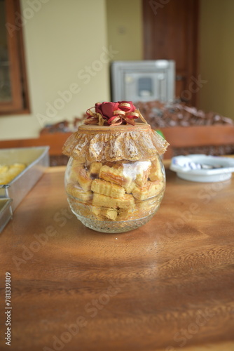 Crunchy Kastengel in glass jar. Its famous cookie in Indonesia during Ied Mubarak