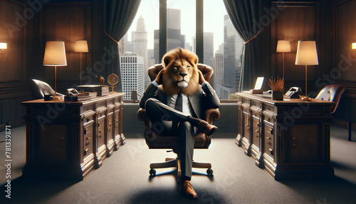 会社の社長室で考えるスーツを着たライオン