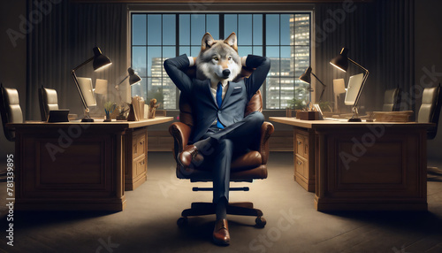 会社の社長室で考えるスーツを着た狼