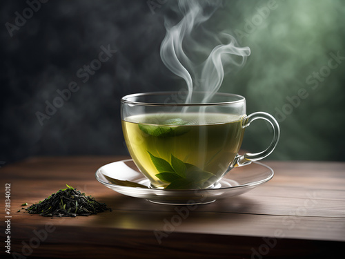 A cup of tea is placed on the table, steaming with heat. Transparent glass tea cups, green tea leaves, a quiet attitude towards life, still life pictures