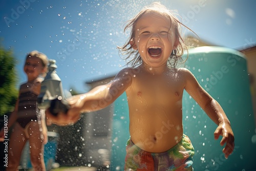 Child laughing and playing with water sprinkler