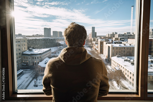 Man looking out the window at cityscape © BetterPhoto