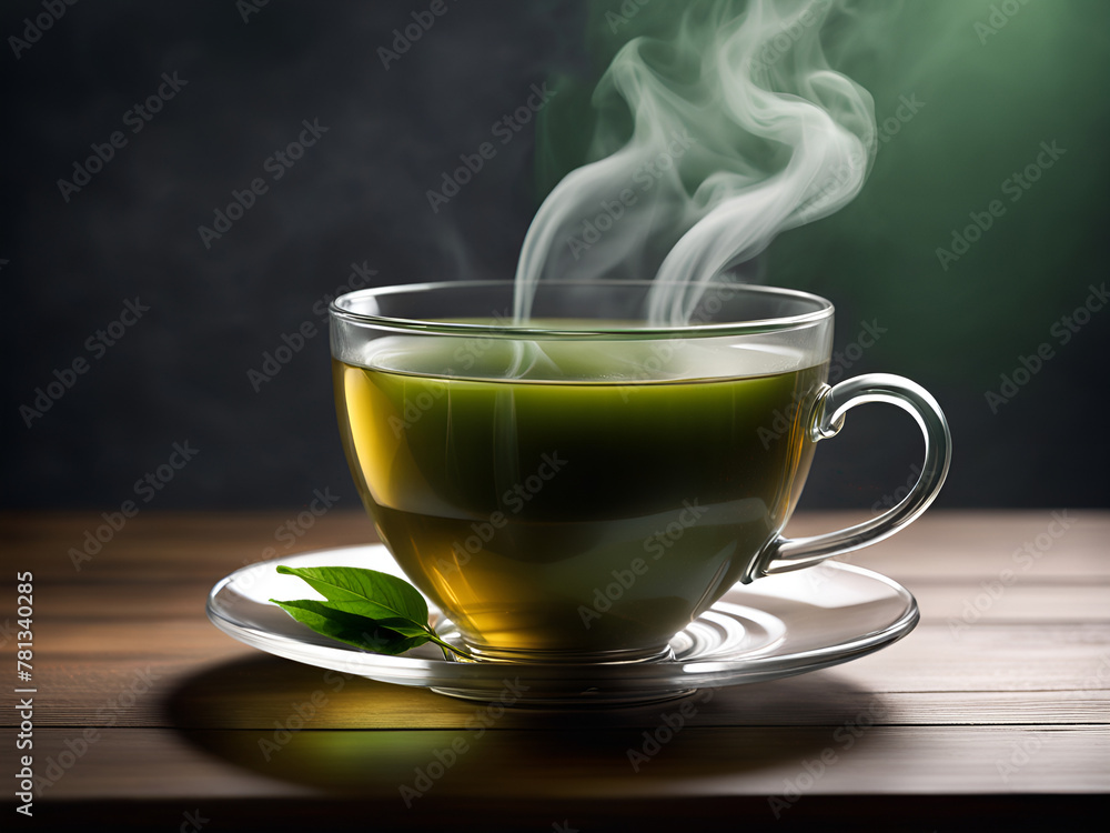 A cup of tea is placed on the table, steaming with heat. Transparent glass tea cups, green tea leaves, a quiet attitude towards life, still life pictures A cup of tea is placed on the table, steaming with heat. Transparent glass tea cups, green tea leaves, a quiet attitude towards life, still life pictures