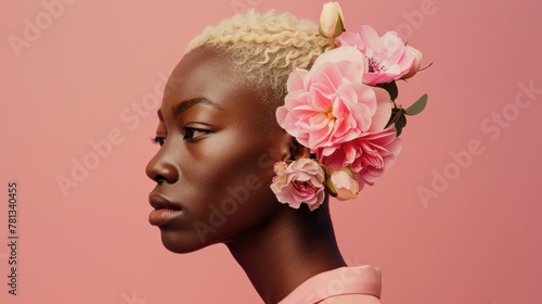 Beautiful African American Woman with Pink Flowers in Hair against Pink Background, Feminine Spring Portrait © VICHIZH
