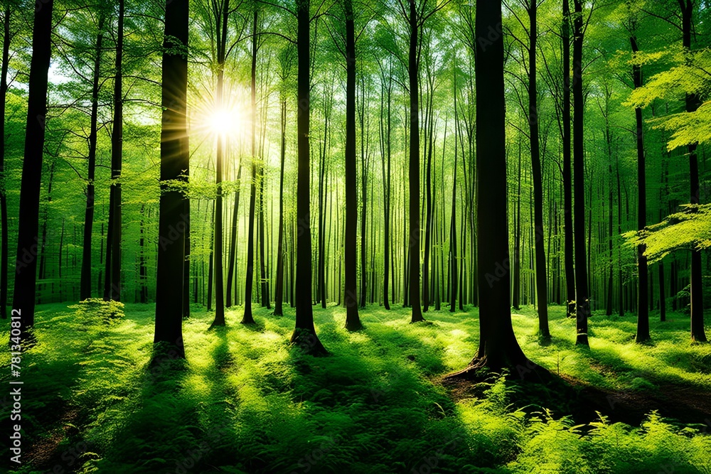 Obraz premium Sunlight floods the springtime forest.