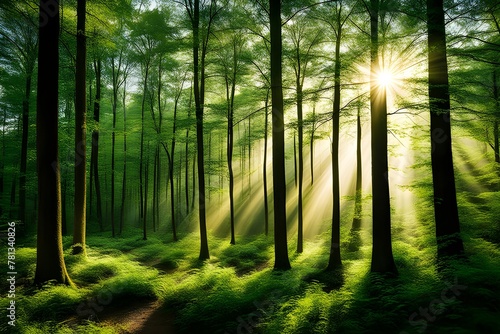 Sunlight floods the springtime forest.