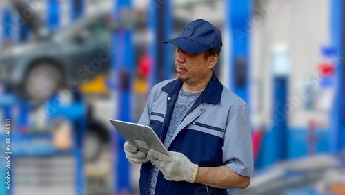 Professional auto mechanic in service standing looking at car repair items on tablet in service center