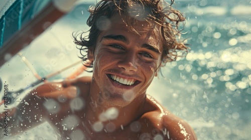 Happy smiling young man windsurfing in ocean. Water splashes, sunny day. Extreme sport activity