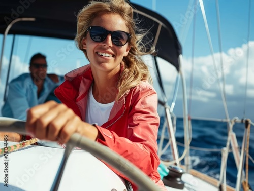 Happy, smiling young woman sailing boat on warm day under clear blue sky.